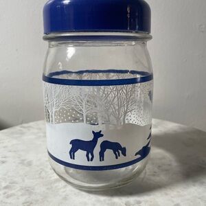 Vintage Blue Winter Scene Glass Lidded Canister